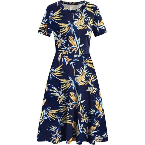 Women's Blue Floral Elegant Knee Length Vintage A-Line Swing Dress with Pockets - Picture 4 of 6